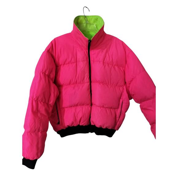 M532)Vtg Columbia Men's (Unisex) Down Puffer Reversible Neon  Zip Jacket Size XL - Picture 5 of 10